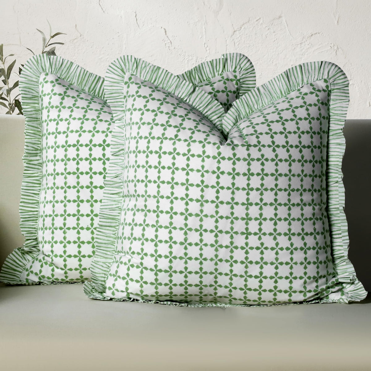 CPC Block Print Ruffle Throw Pillow Cover Emerald Green 20"x20", Pack of 2