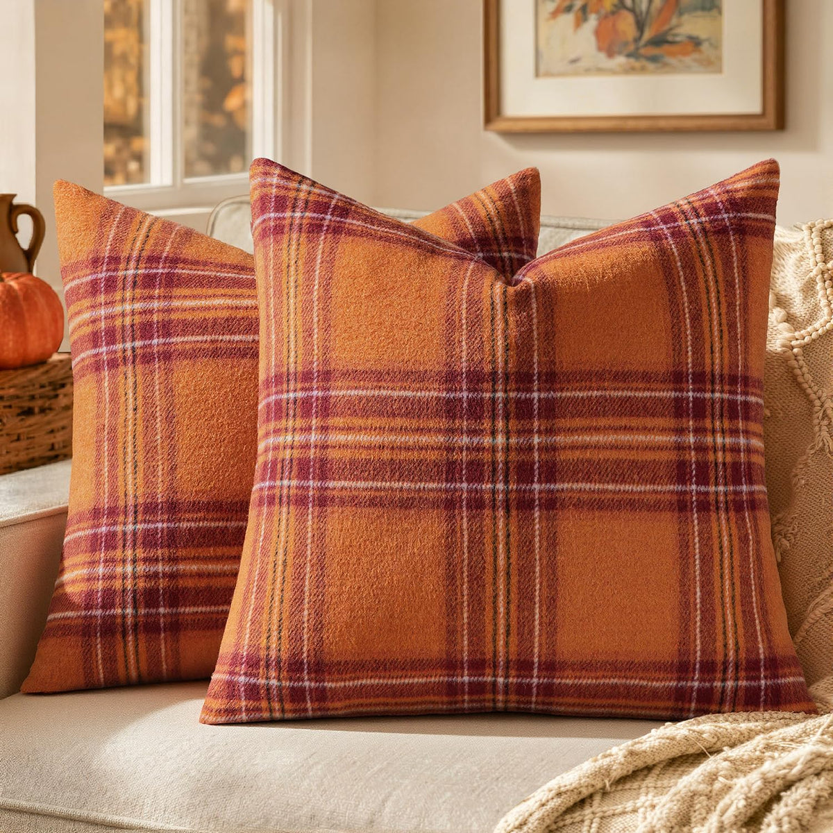 MIULEE Fall Plaid Decorative Pillow Covers Set of 2 20x20 Brown