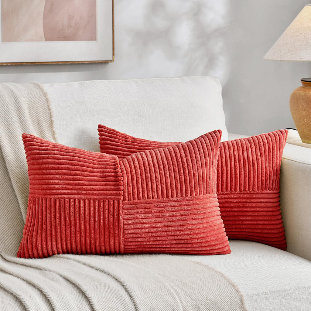 Fancy Homi 2 Packs Rust Boho Decorative Throw Pillow Covers 18x18 Inch for Couch Bed Sofa, Farmhouse Fall Home Decor, Soft Corss Corduroy Patchwork Textured Terracotta Accent Cushion Case 45x45 cm