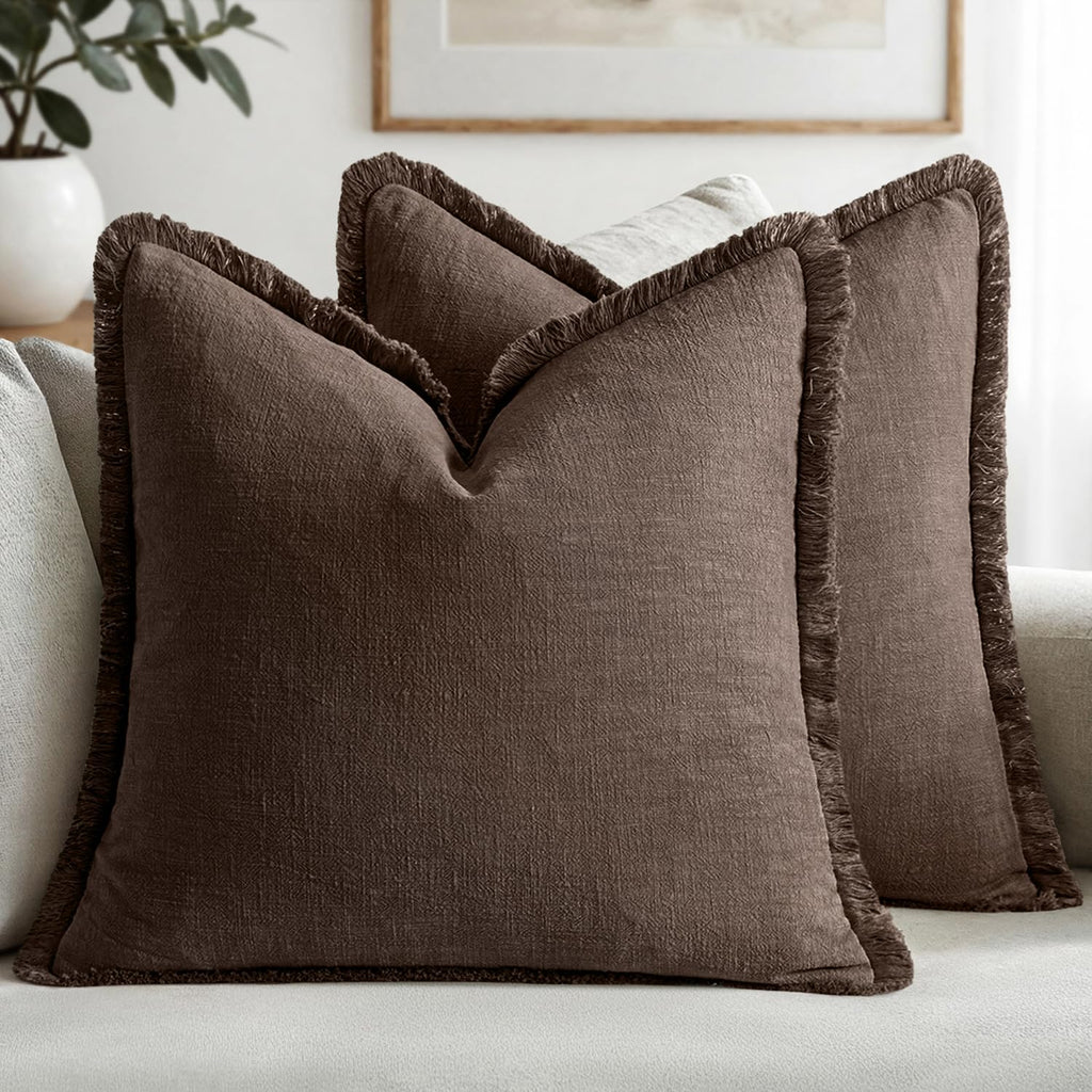 MIULEE Linen Fringe Decorative Throw Pillow Covers Natural Beige 20x20