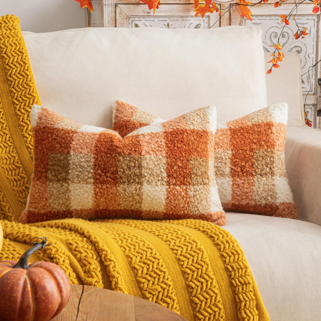 AQOTHES Plaid Fall Throw Pillow Covers Orange 18x18 Inch Set of 2
