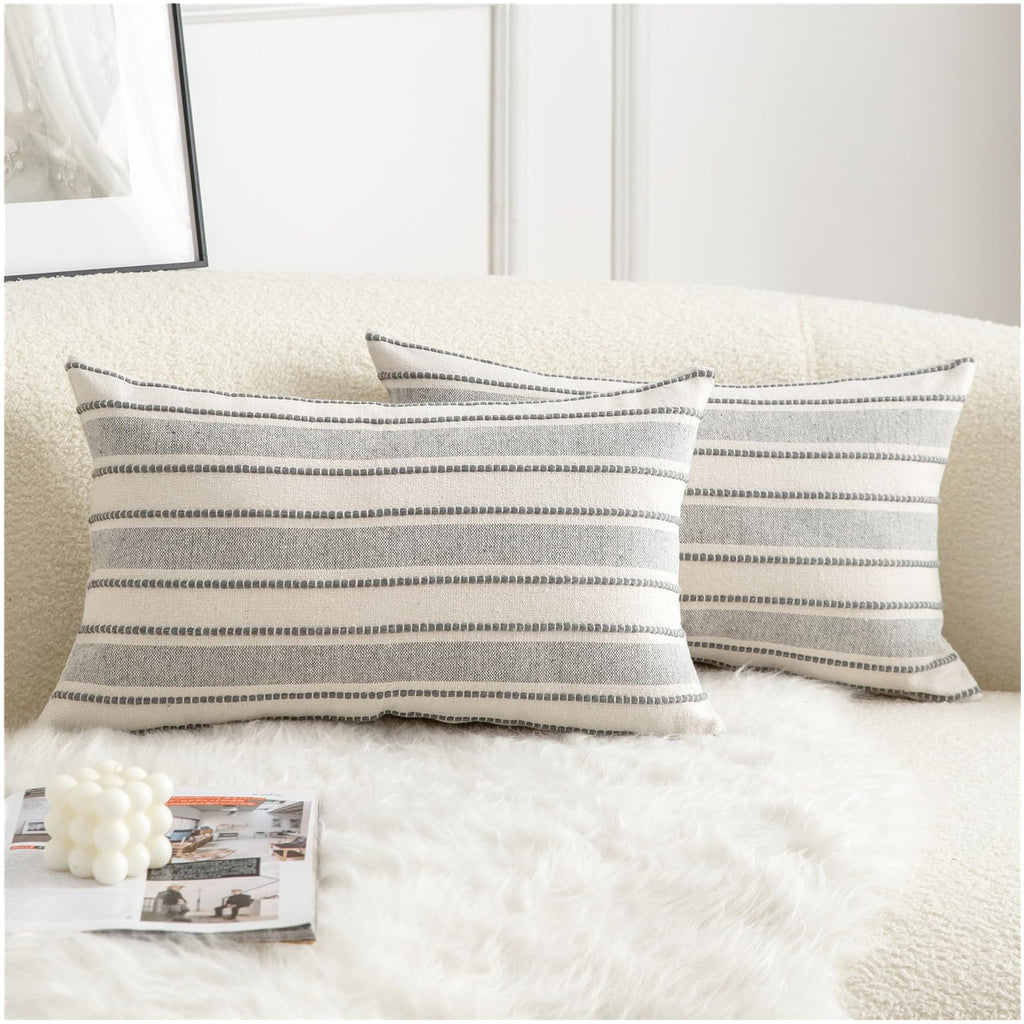 Cethom Decorative Boho Throw Pillow Covers, Farmhouse Textured Pillow Case, 20 x 20 Inch Set of 2, Chair Sofa Bedroom Living Room Home Decor Couch Cushion Case, Classic Blue and Beige Striped