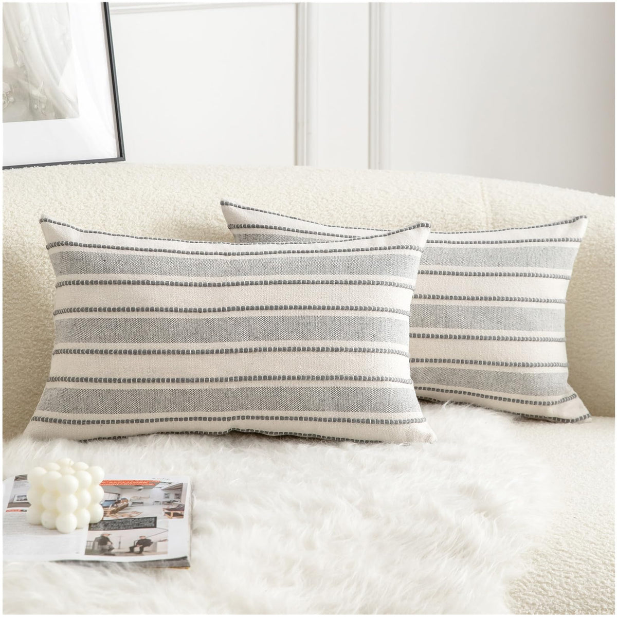 Cethom Decorative Boho Throw Pillow Covers, Farmhouse Textured Pillow Case, 20 x 20 Inch Set of 2, Chair Sofa Bedroom Living Room Home Decor Couch Cushion Case, Classic Blue and Beige Striped
