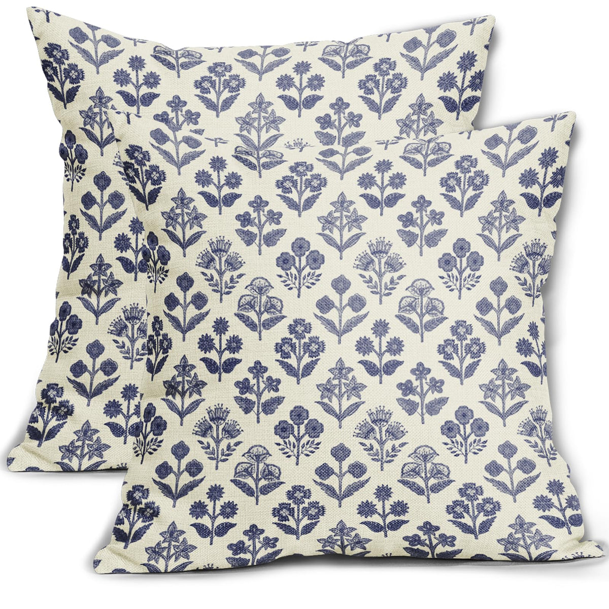 Blue Green Block Print Pillow Covers 18x18 Inch Set of 2, Vintage Floral Spring Decorative Throw Pillow Cases Boho Cushion Covers Rustic Decoration Gift Farmhouse Sofa Couch Bed Decor