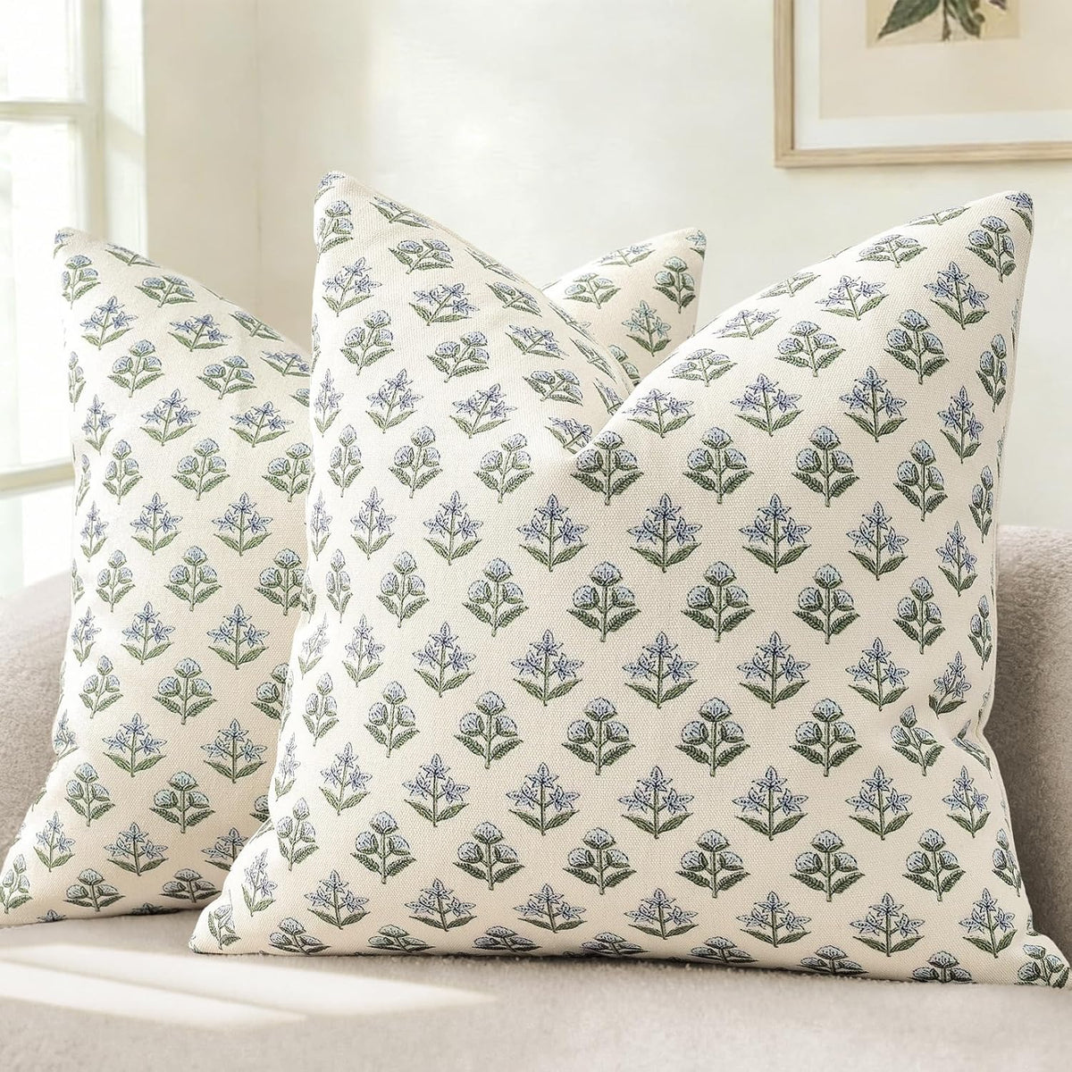 YCOLL Farmhouse Floral Pillow Covers 18x18 Set of 2, Rustic Country Decorative Cushion Covers Vintage Throw Pillow Covers for Sofa Couch Bed Living Room Home Decor, Blue Green