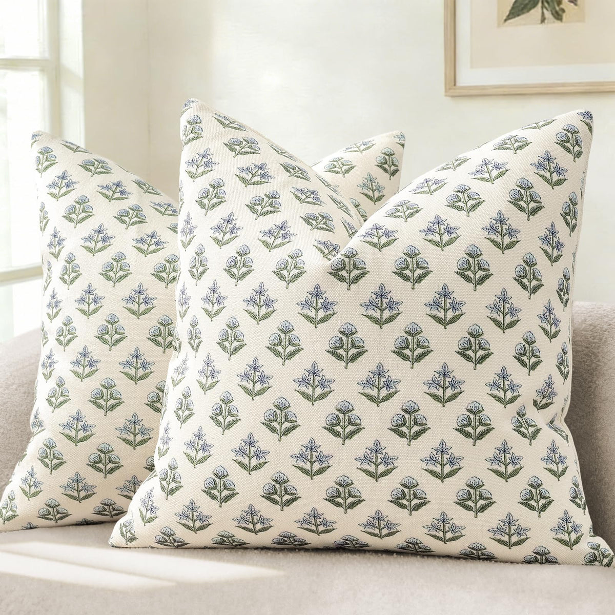 YCOLL Farmhouse Floral Pillow Covers 18x18 Set of 2, Rustic Country Decorative Cushion Covers Vintage Throw Pillow Covers for Sofa Couch Bed Living Room Home Decor, Blue Green