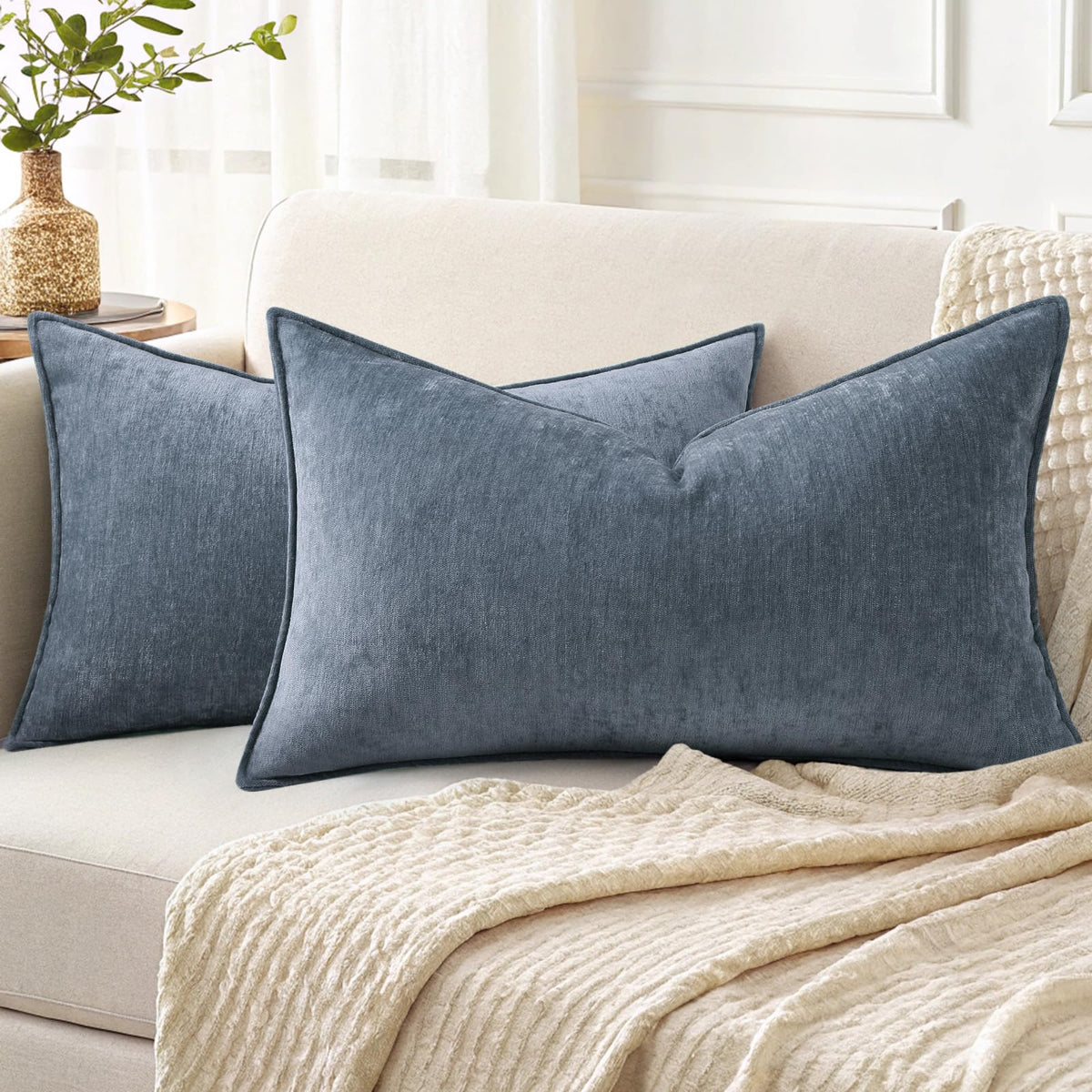 decorUhome Chenille Beige Velvet Throw Pillow Covers 18x18 Set of 2