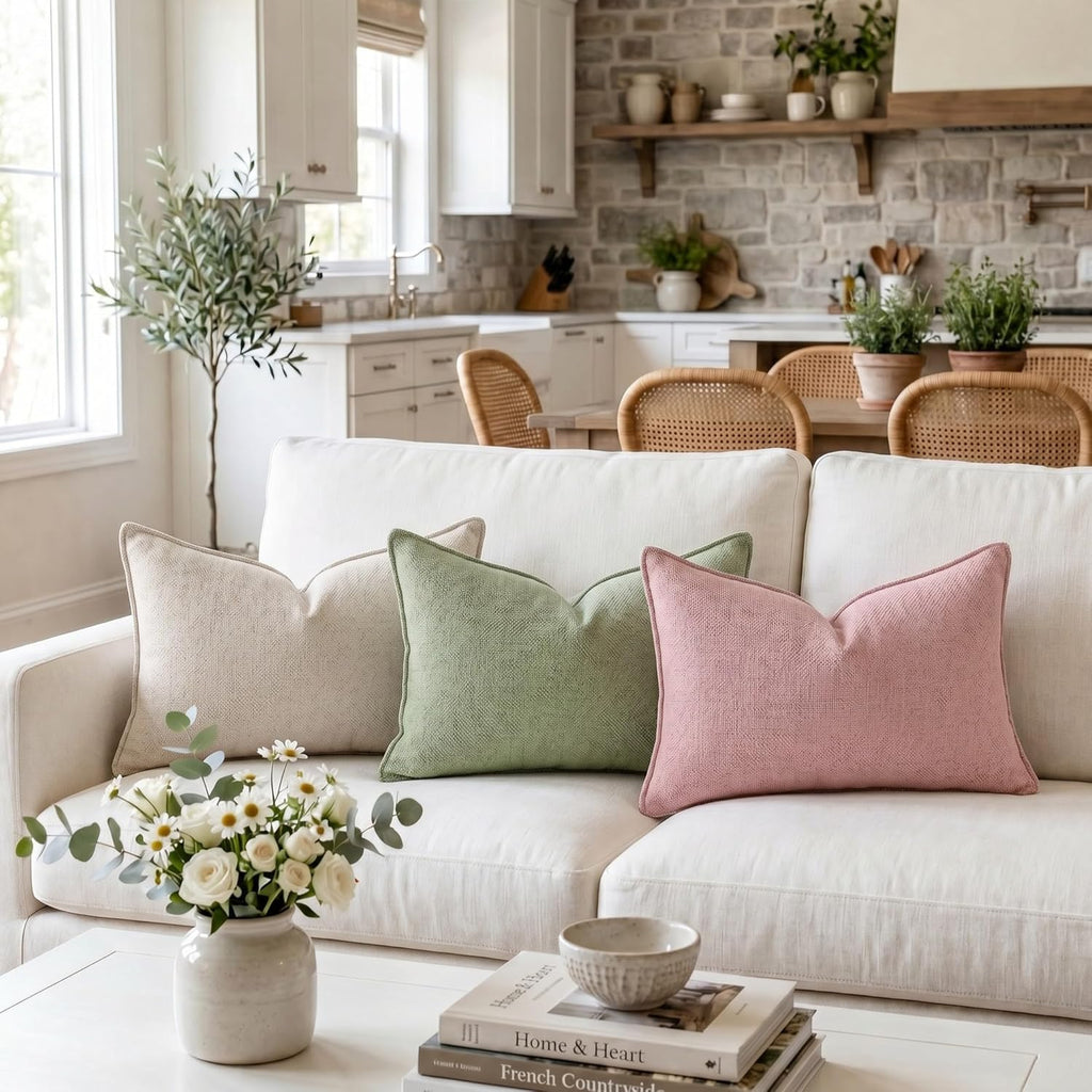 Fancy Homi Set of 2 Sage Green 12x20 Inch Soft Chenille Decorative Throw Pillow Covers with Flange Edge, Lumbar Neutral Modern Boho Textured Cushion Case Home Decor for Couch Sofa Bed Living Room