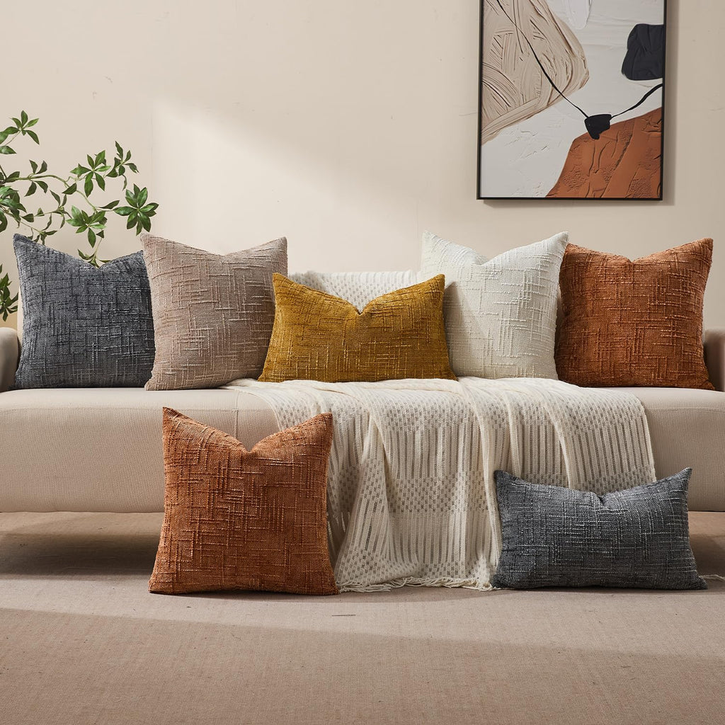 Allorry Decorative Couch Throw Pillow Covers 18x18 Set of 2 Camel Soft Chenille Pillow Covers Neutral Textured Boho Cushion Covers for Modern Farmhouse Sofa Bedroom Living Room Decor SY008-D18