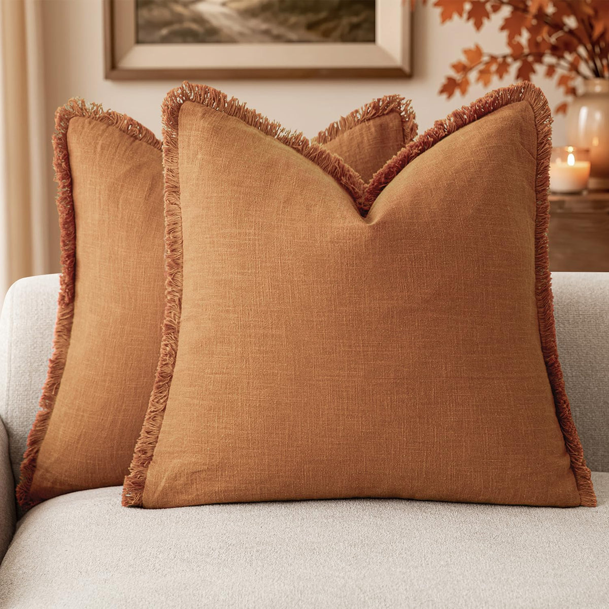 Foindtower Decorative Linen Fringe Throw Pillow Covers 20×20 Inch,Beige