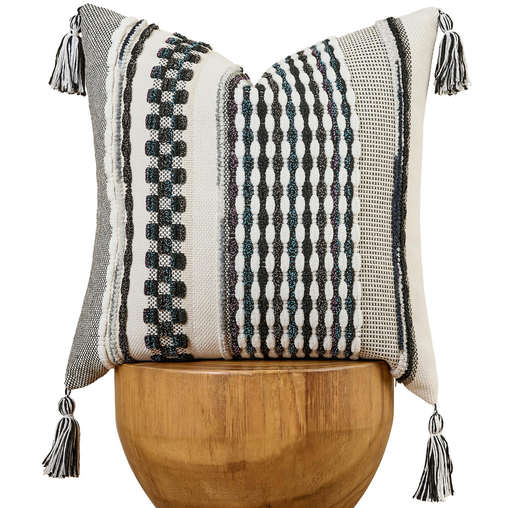 AmHoo Set of 2 Chenille Striped Textured Boho Throw Pillow Covers Aesthetic with Tassels Woven Decorative Pillow Case for Couch Bed Sofa Bedroom Modern Funky 18 x 18-Inch Brown