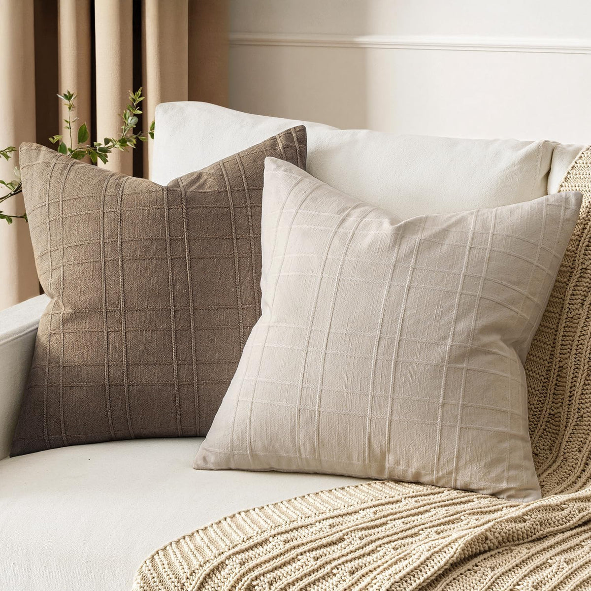 MIULEE Linen Plaid Pillow Covers Decorative 20x20 Natural Beige