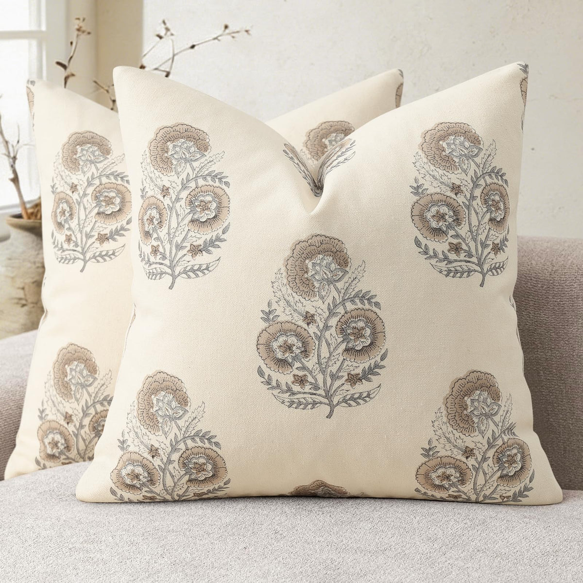 Vintage Floral Print Fall Pillow Covers 20x20 Set of 2 Patterned Accent Decorative Cushion Covers Modern Farmhouse Throw Pillow Covers for Sofa Couch Chair Bed Living Room Home Decor, Light Brown