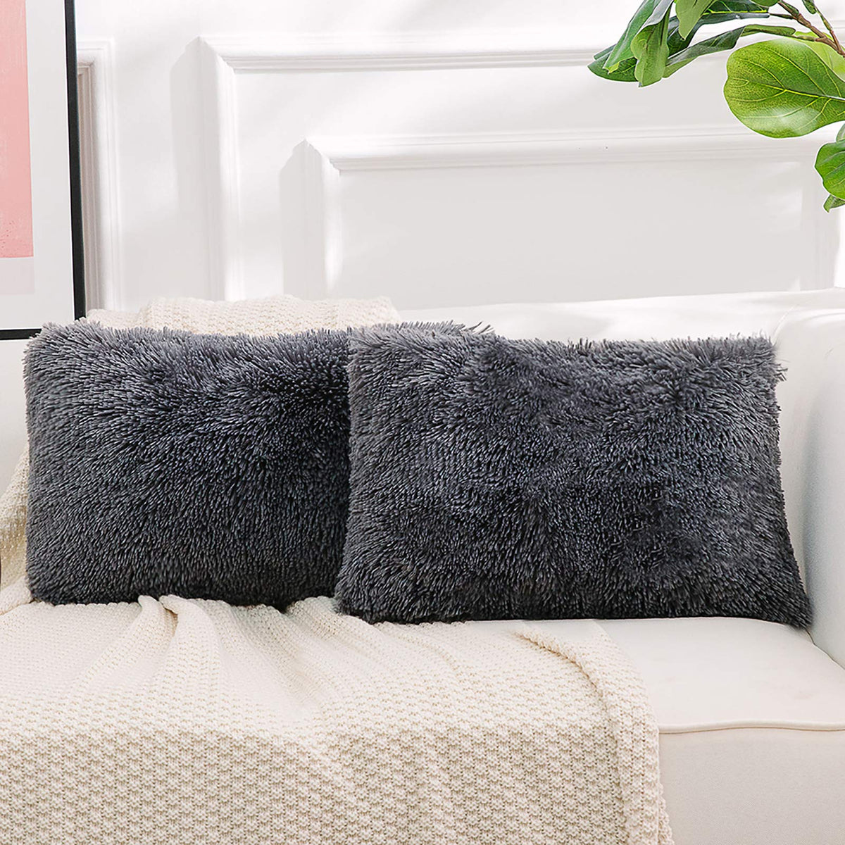 NordECO HOME Luxury Soft Faux Fur Fleece Cushion Cover Pillowcase Spring Decorative Throw Pillows Covers, No Pillow Insert, 18" x 18" Inch, White, 2 Pack