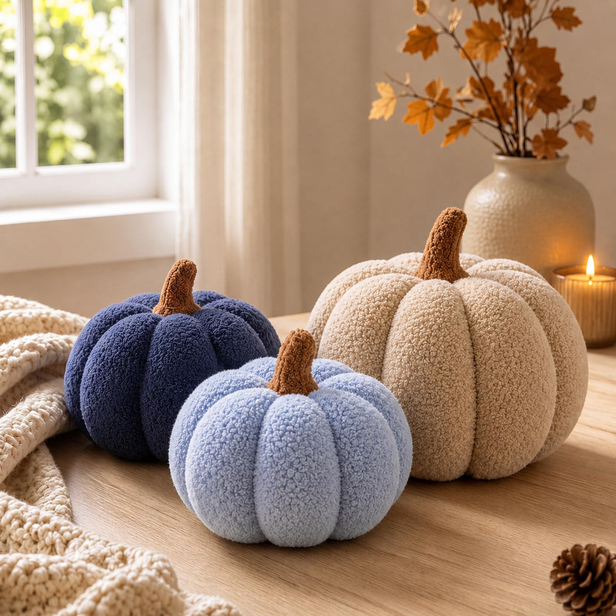 Juexica 3 Pcs Stuffed Pumpkin Pillows Fall Decor Cushions,Cool Neutral