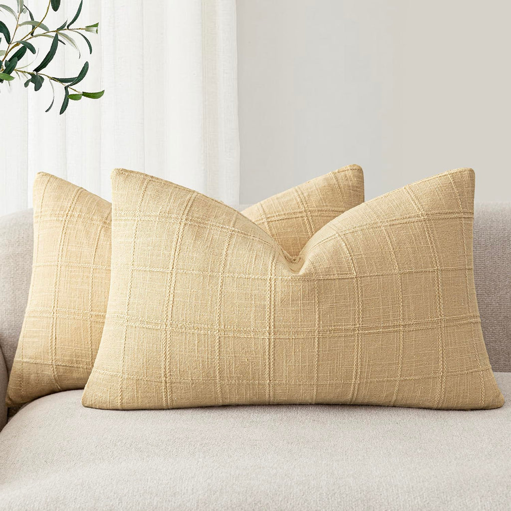 Foindtower Boho Linen Check Decorative Throw Pillow Cover 20×20 Olive Green
