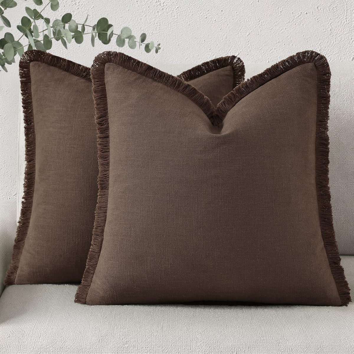 decorUhome Linen Fringe Natural Beige Throw Pillow Covers 18x18 Set of 2