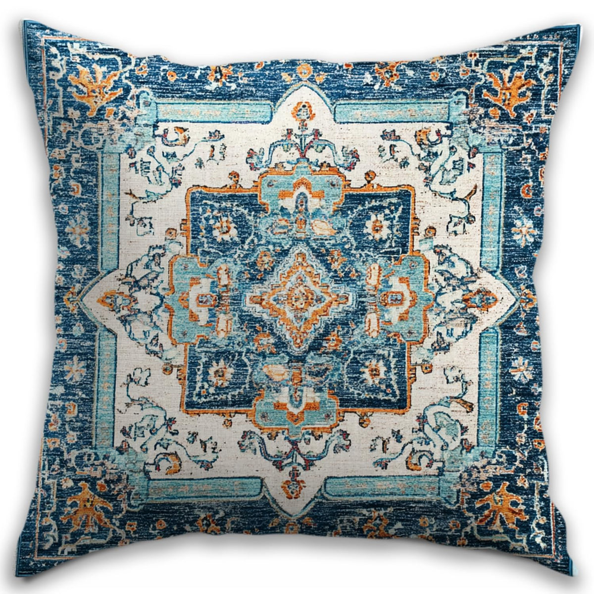 Bohemian Pillow Covers | Vintage Floral & Carpet Design | Double Sided Blue White Decorative Pillowcases for Couch, Bed | Indoor Outdoor Boho Home Decor (Blue&Brown, 18x18inches)