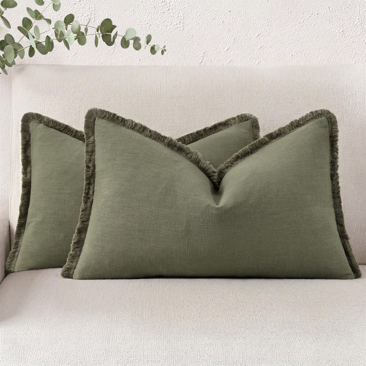 decorUhome Linen Fringe Natural Beige Throw Pillow Covers 18x18 Set of 2