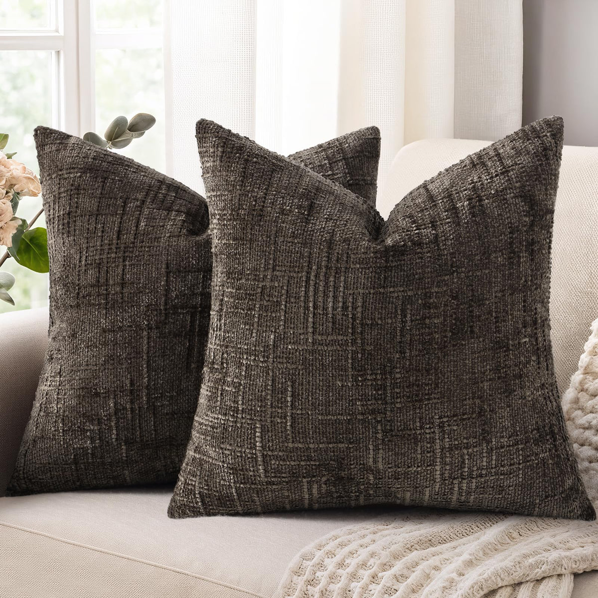 decorUhome Textured Chenille Throw Pillow Covers 18x18 Set of 2 Cream White
