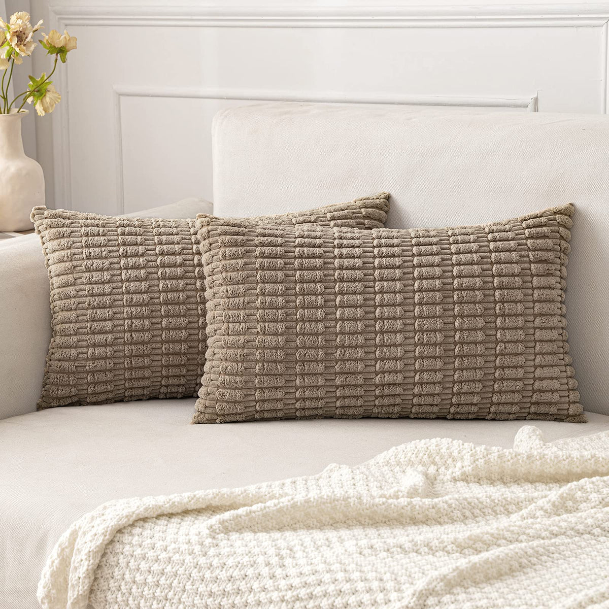 MIULEE Lumbar Corduroy Decorative Throw Pillow Covers 12x20 Cream White