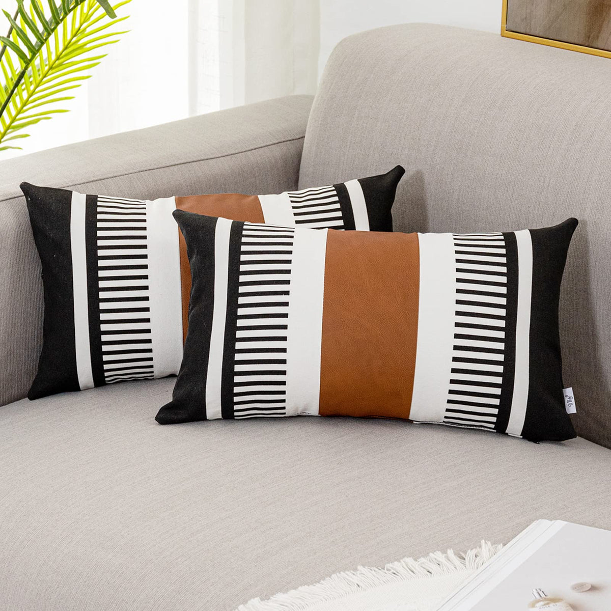 Decorative Striped Throw Pillow Cover 20x20 Inch Black White & Brown
