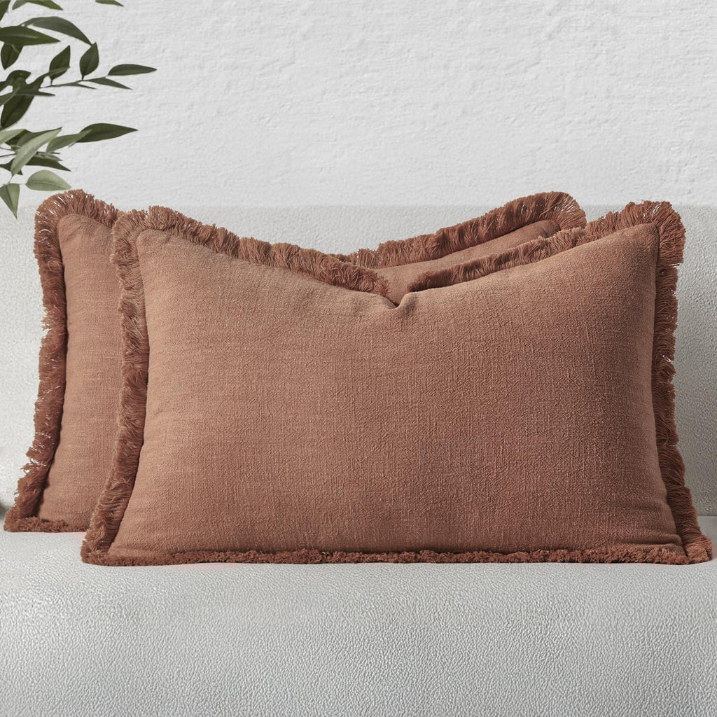 MIULEE Linen Fringe Decorative Throw Pillow Covers Natural Beige 20x20
