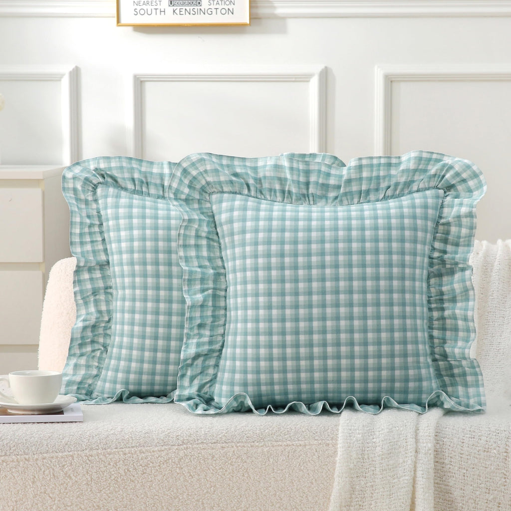 Gingham Throw Pillow Covers 18x18, Warm Taupe/White, Ruffle Trim