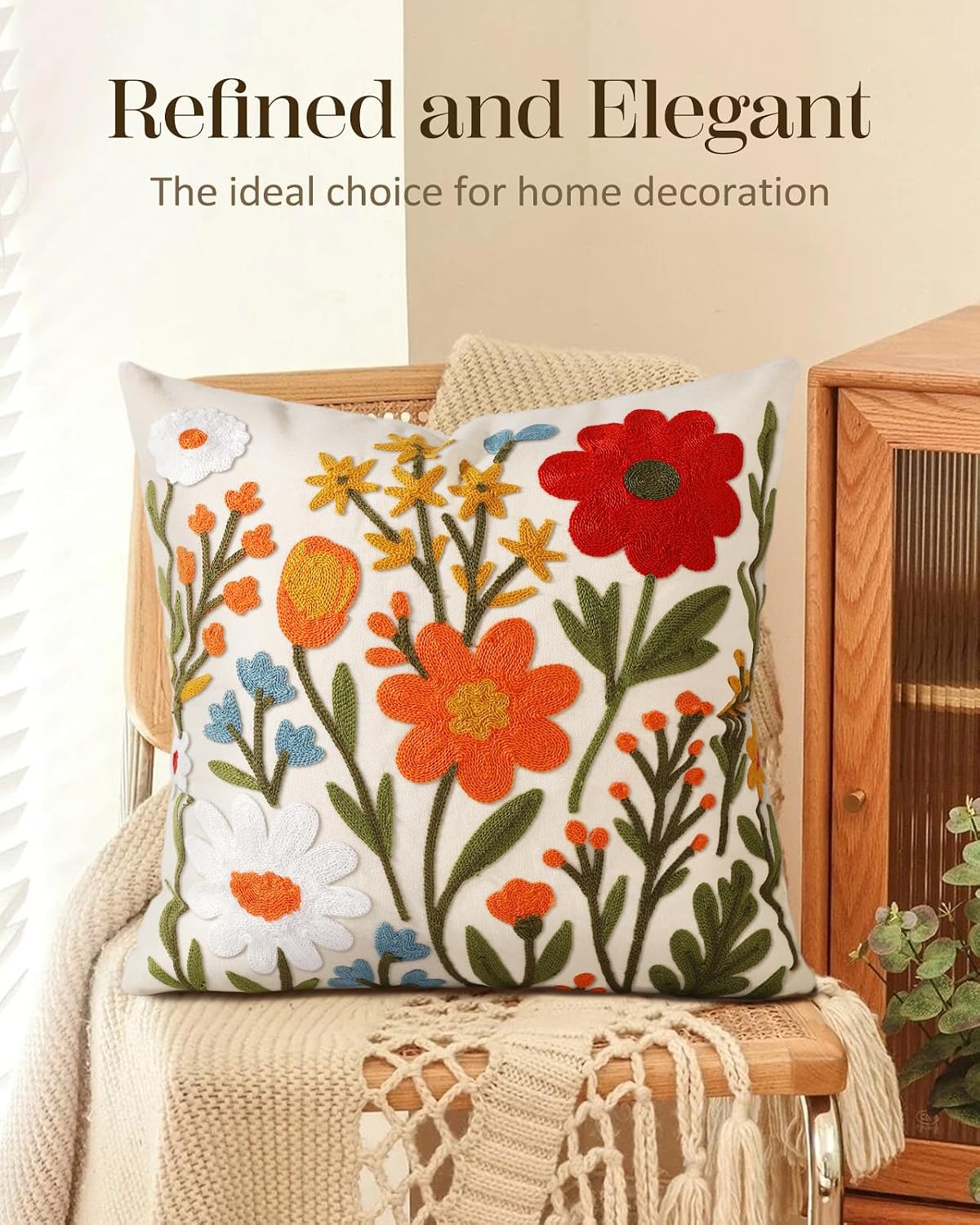 Embroidered Throw Pillow Cover 18x18 Inch, Flower Cluster