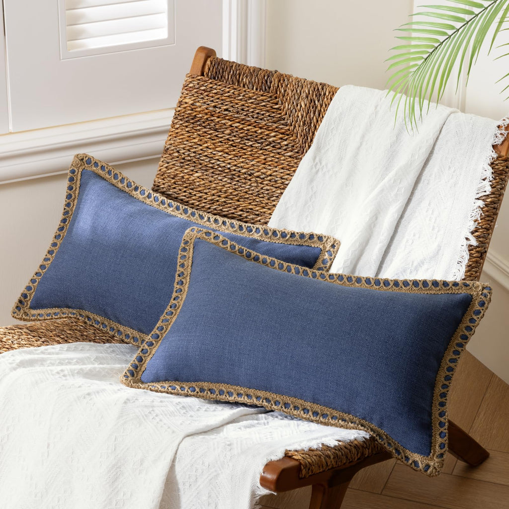 Phantoscope Pack of 2 Farmhouse Decorative Solid Throw Decorative Pillow Cover Burlap Linen Trimmed Tailored Edges Navy Blue 18 x 18 inches, 45 x 45 cm