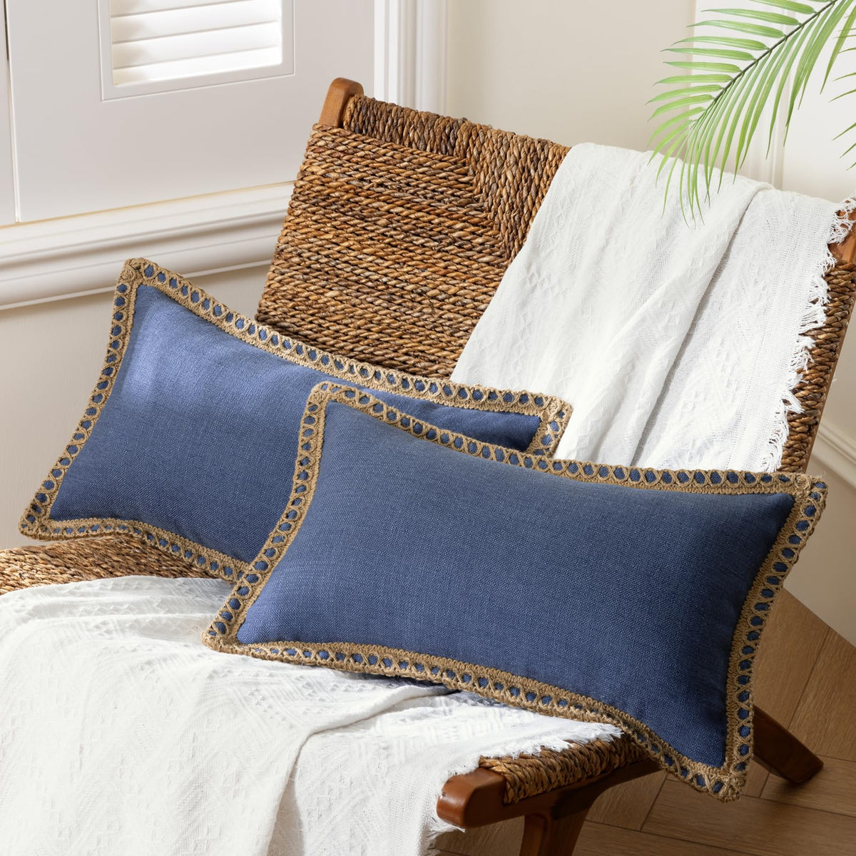 Phantoscope Pack of 2 Farmhouse Decorative Solid Throw Decorative Pillow Cover Burlap Linen Trimmed Tailored Edges Navy Blue 18 x 18 inches, 45 x 45 cm