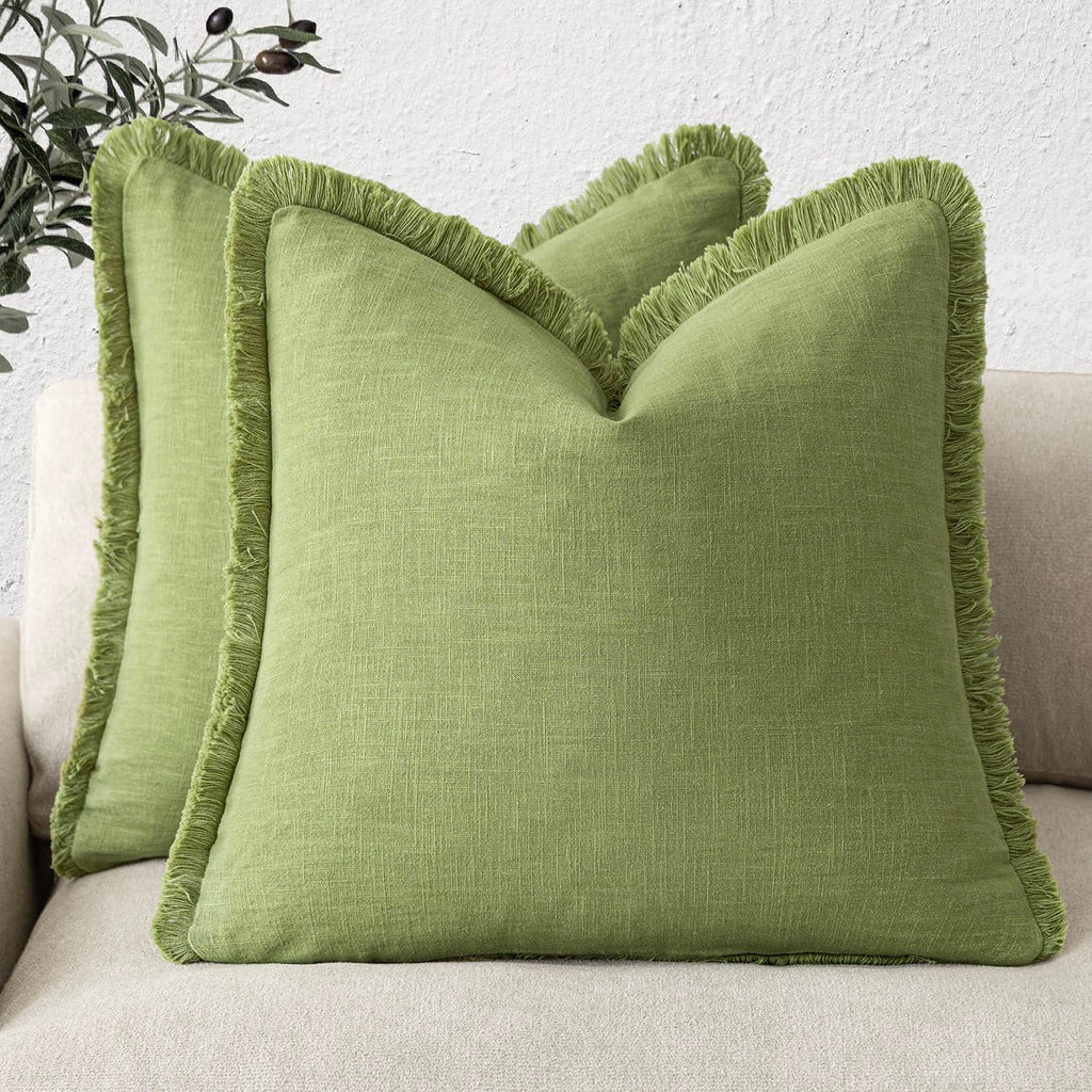 Foindtower Decorative Linen Fringe Throw Pillow Covers 20×20 Inch,Beige