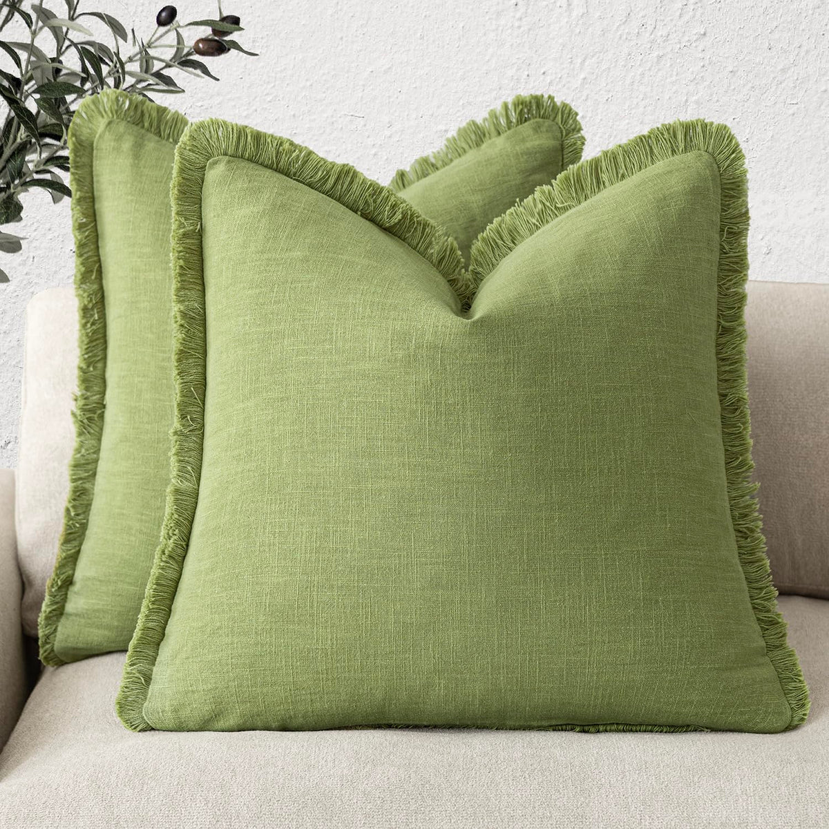 Foindtower Decorative Linen Fringe Throw Pillow Covers 18×18 Olive Green