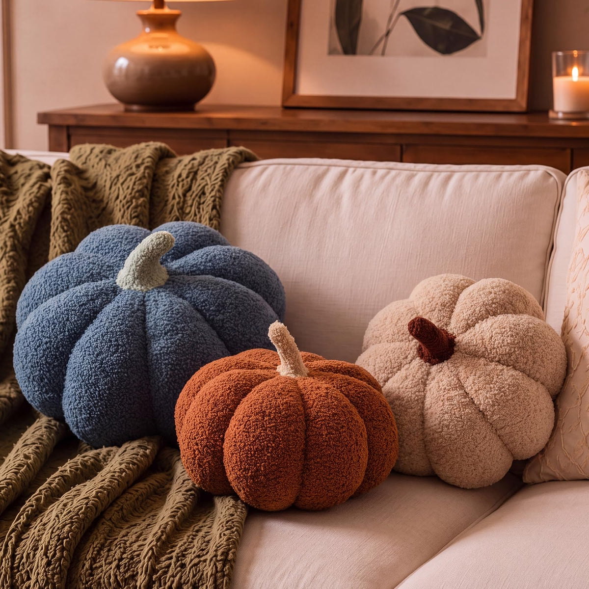 Juexica 3 Pcs Stuffed Pumpkin Pillows Fall Decor Cushions,Cool Neutral