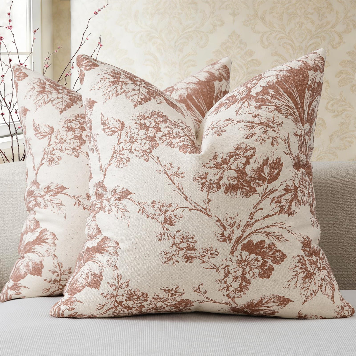 Buenohuas Farmhouse Decorative Pillow Covers 18x18 Set of 2, Vintage Botanical Floral Patterned Cushion Covers for Sofa Couch Chair Bed Living Room Home Decor Accents, Olive Green
