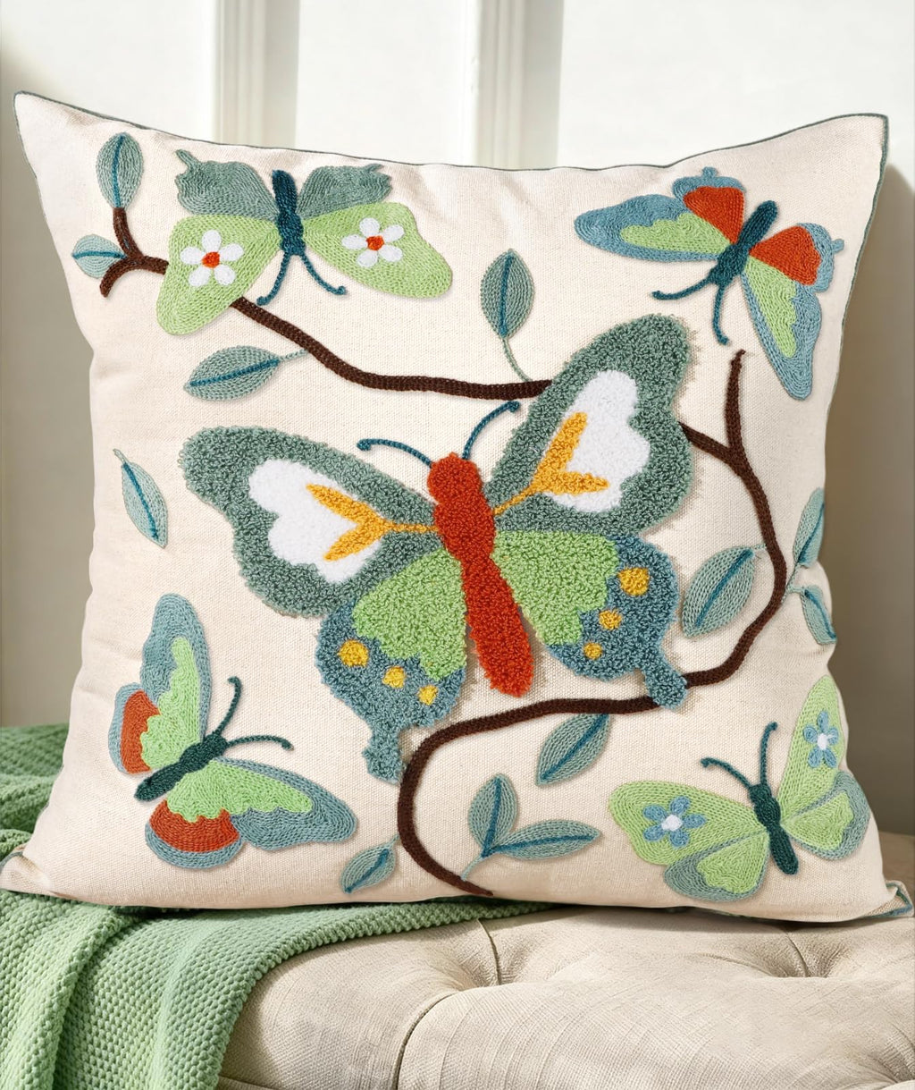 Embroidered Throw Pillow Cover 18x18 Inch, Flower Cluster