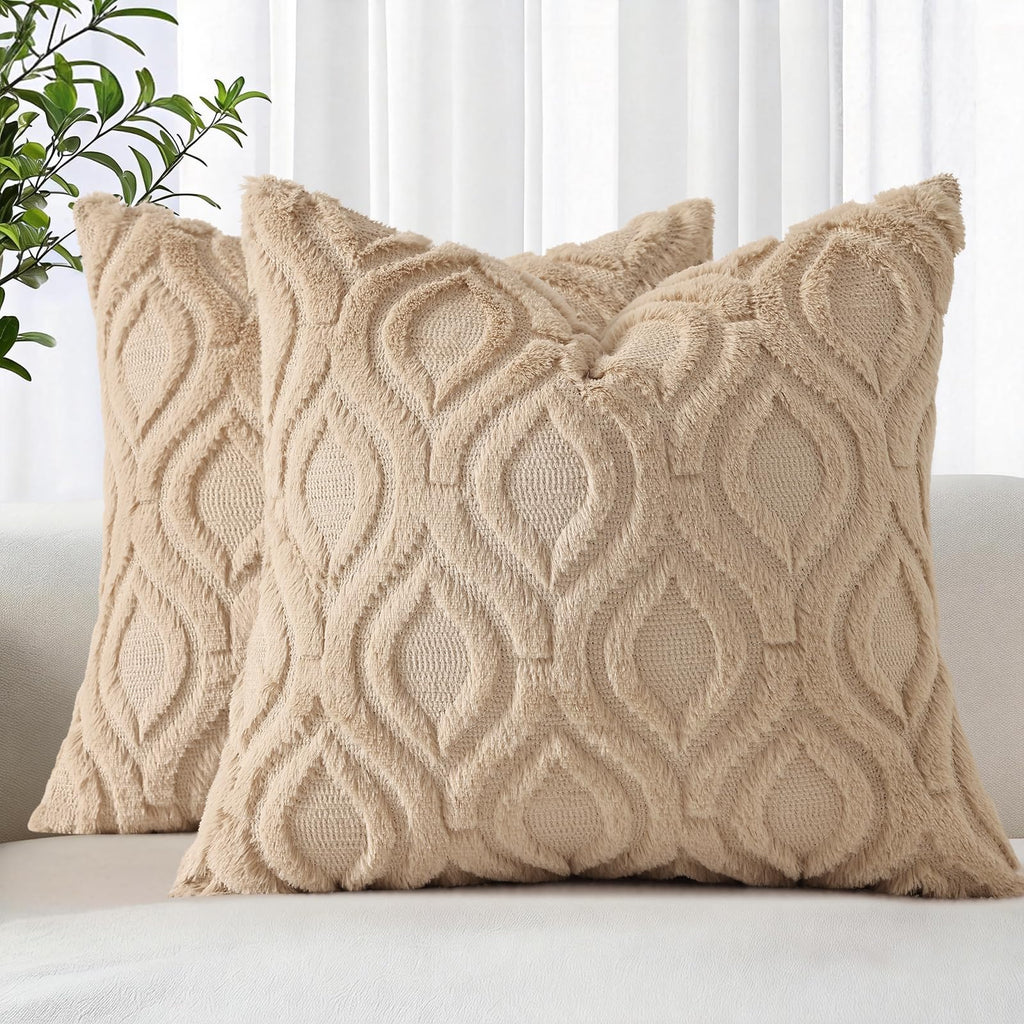 decorUhome Faux Fur Plush Soft Beige Throw Pillow Covers 18x18 Set of 2