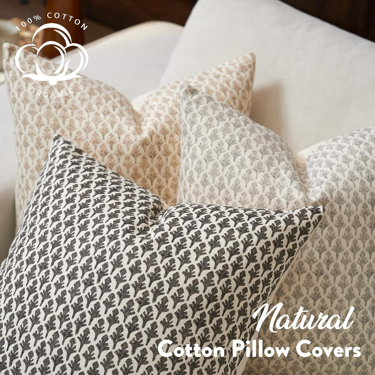 FIOUOVO Floral Pillow Covers 18x18 Pillow Cover Block Print Couch Pillows for Living Room Decorative Neutral Accent Throw Pillow Covers, 1PC, Light Taupe
