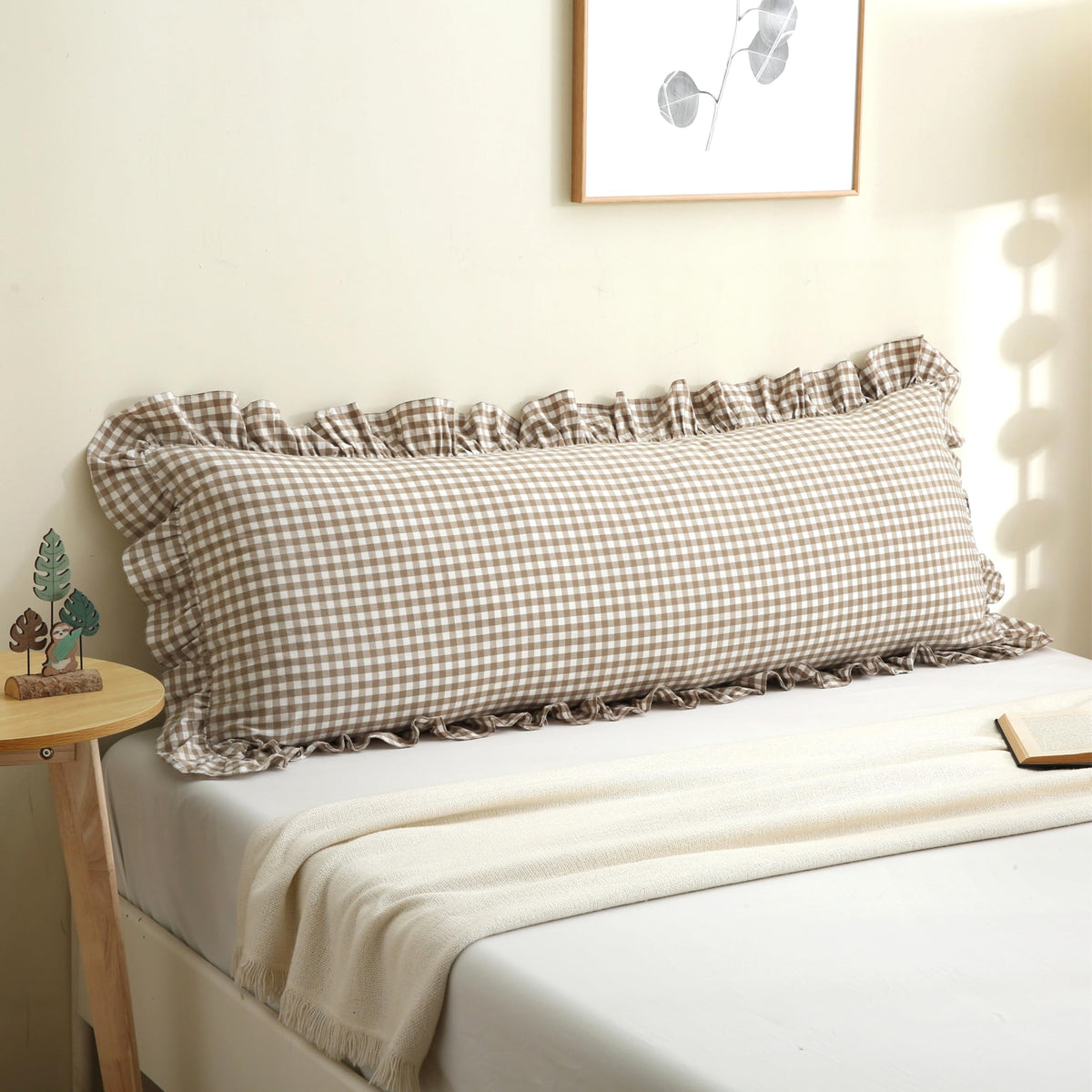Gingham Throw Pillow Covers 18x18, Warm Taupe/White, Ruffle Trim