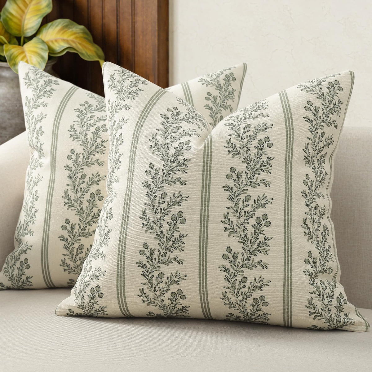 Vintage Throw Pillow Covers 18x18 Set of 2, Striped Floral Pillow Cover Botanical Patterned Decorative Cushion Covers Modern Farmhouse Home Decor for Sofa Couch Bed Living Room, Light Brown