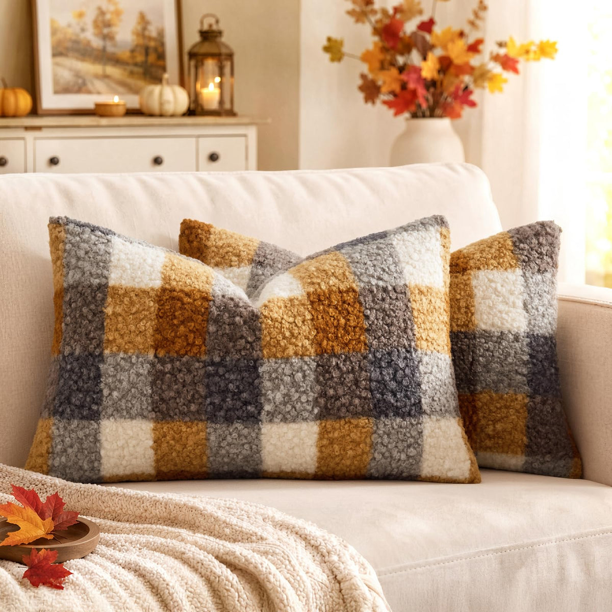 MIULEE Fall Plaid Pillow Covers Boucle Khaki White 18x18 Set of 2