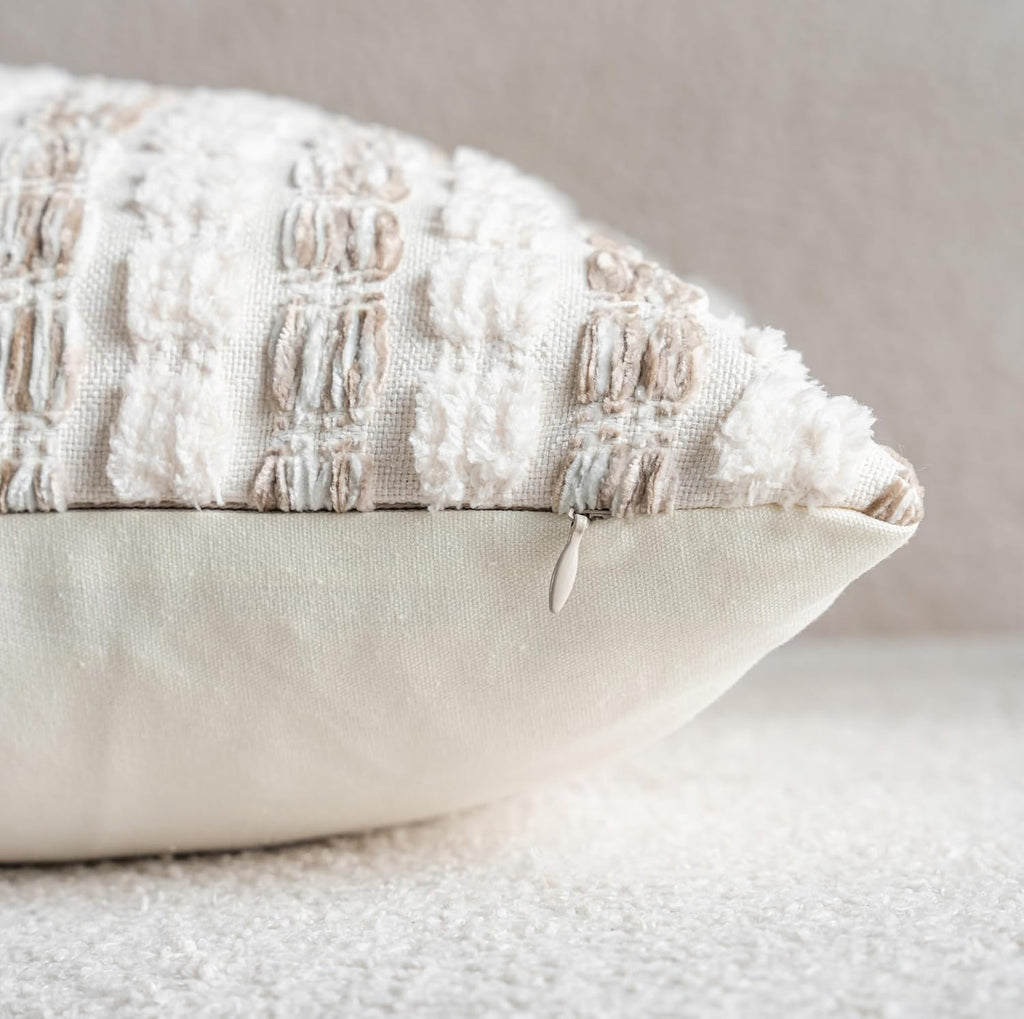 Caflife Beige Striped Chenille Boho Throw Pillow Covers 18x18 Inch Set of 2