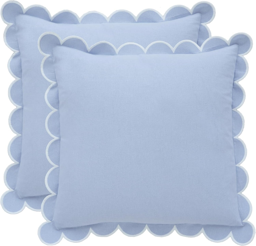 BEBE BASK Scalloped Pillow Cover Set of 2, 18x18, Cotton - Sky Blue/White