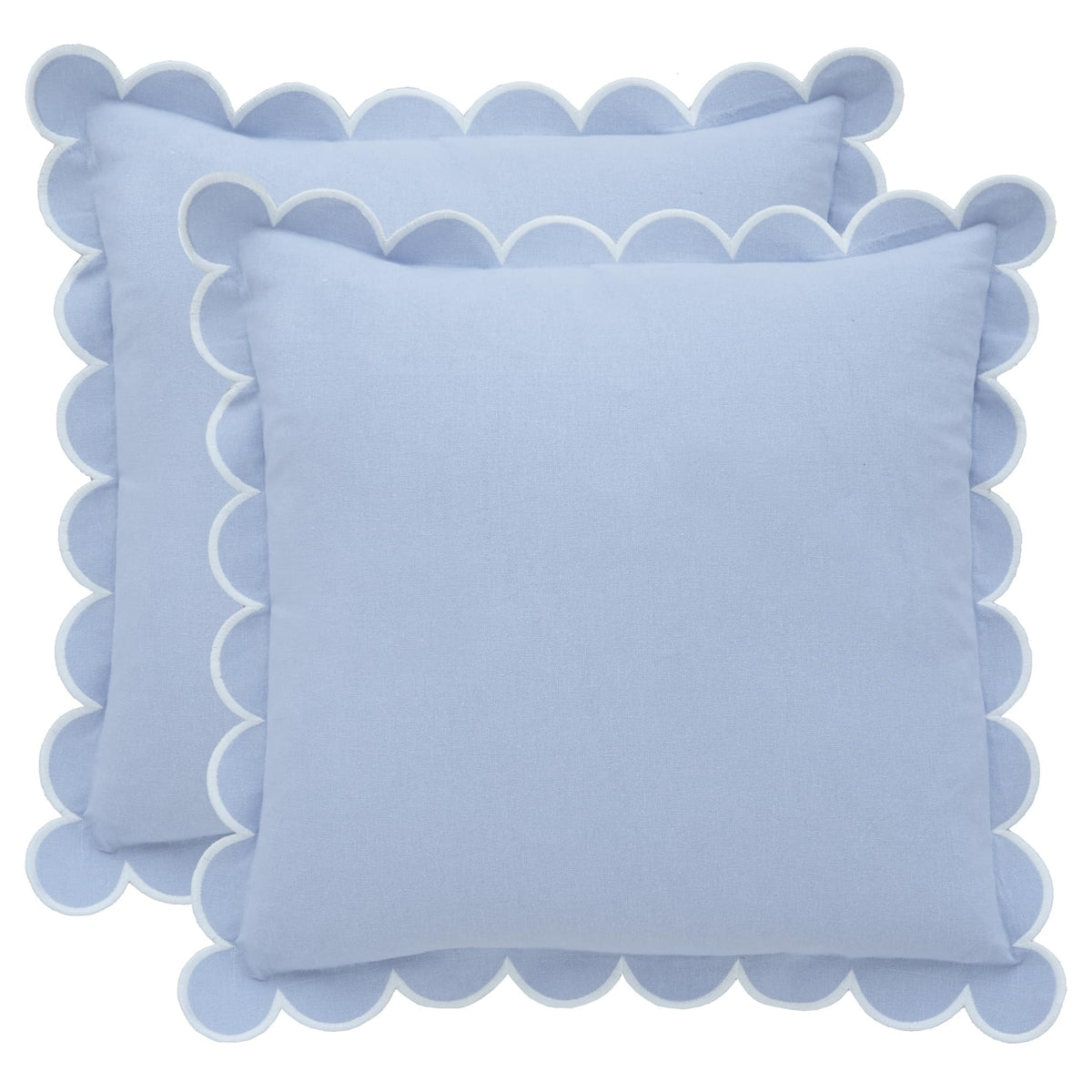 BEBE BASK Scalloped Pillow Cover Set of 2, 18x18, Cotton - Sky Blue/White