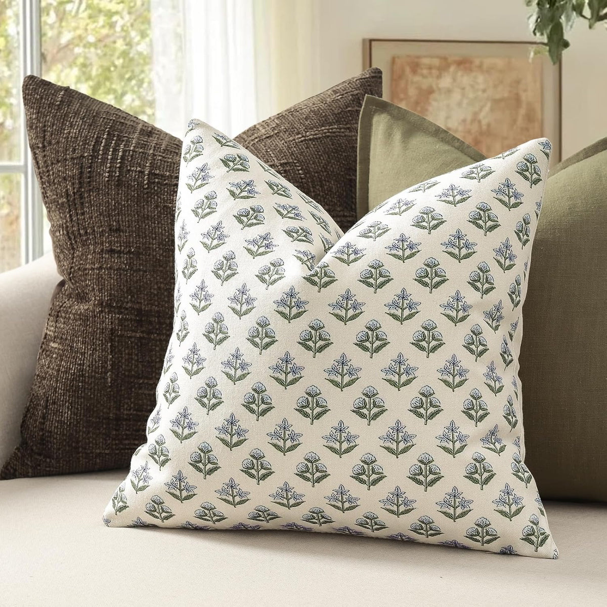 YCOLL Farmhouse Floral Pillow Covers 18x18 Set of 2, Rustic Country Decorative Cushion Covers Vintage Throw Pillow Covers for Sofa Couch Bed Living Room Home Decor, Blue Green