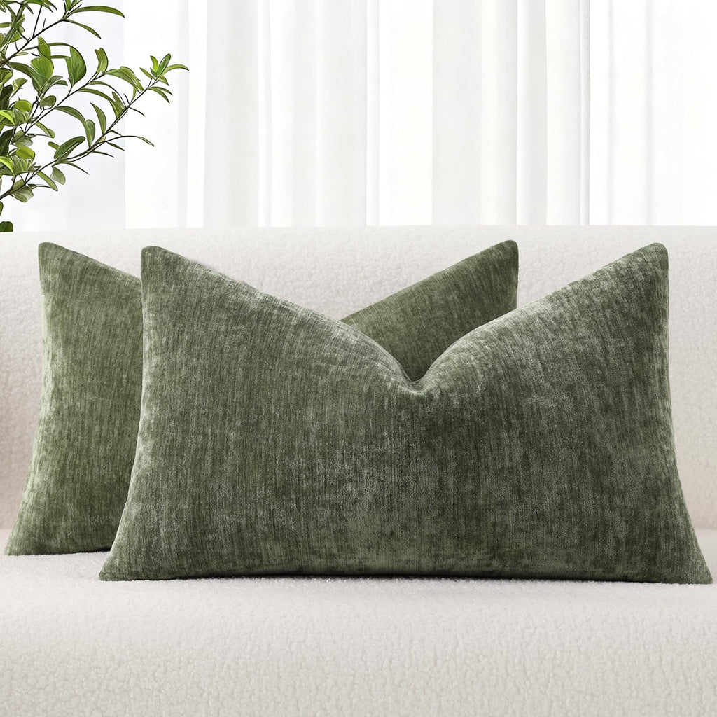 decorUhome Soft Chenille Moss Green Throw Pillow Covers 18X18 Set of 2