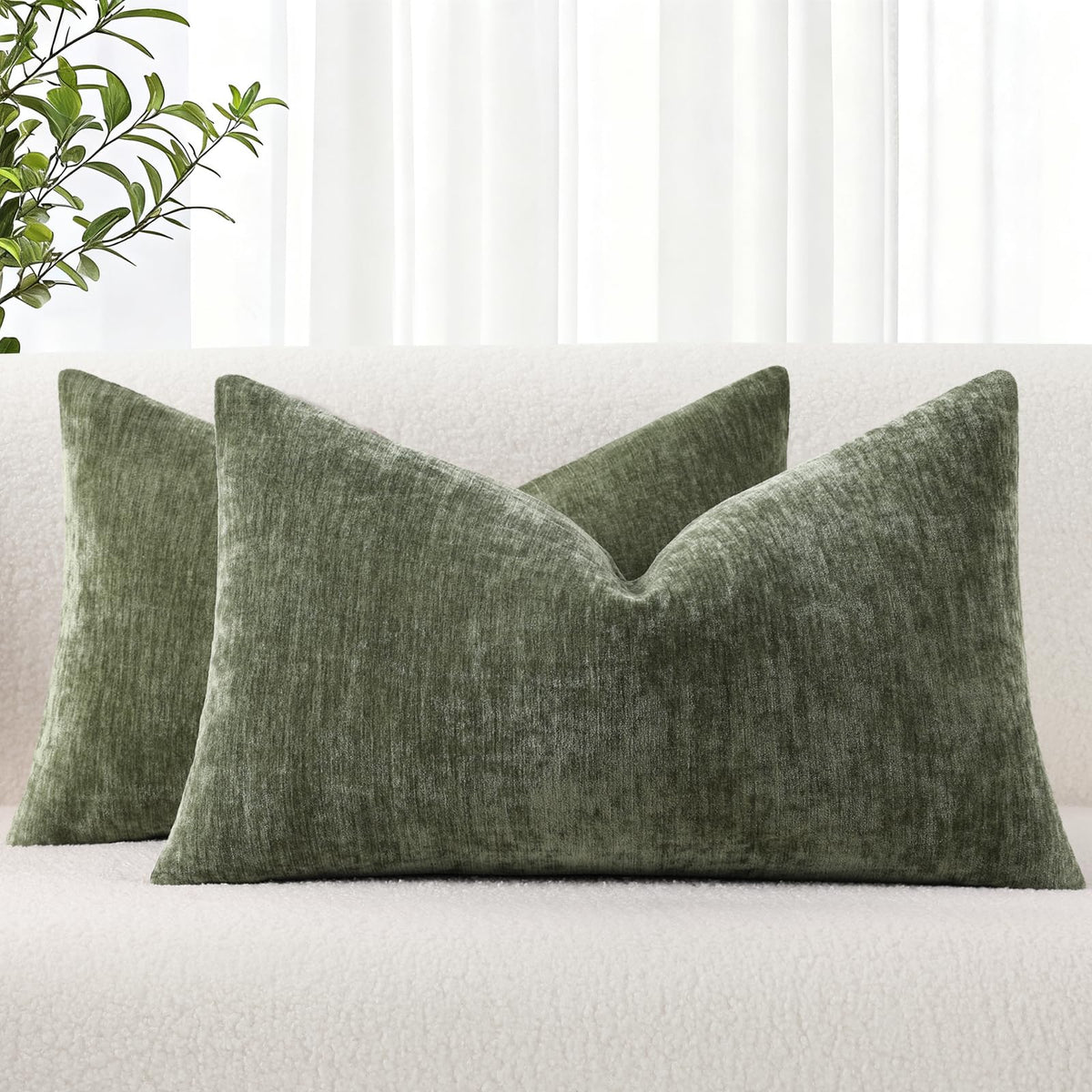 decorUhome Soft Chenille Moss Green Throw Pillow Covers 18X18 Set of 2