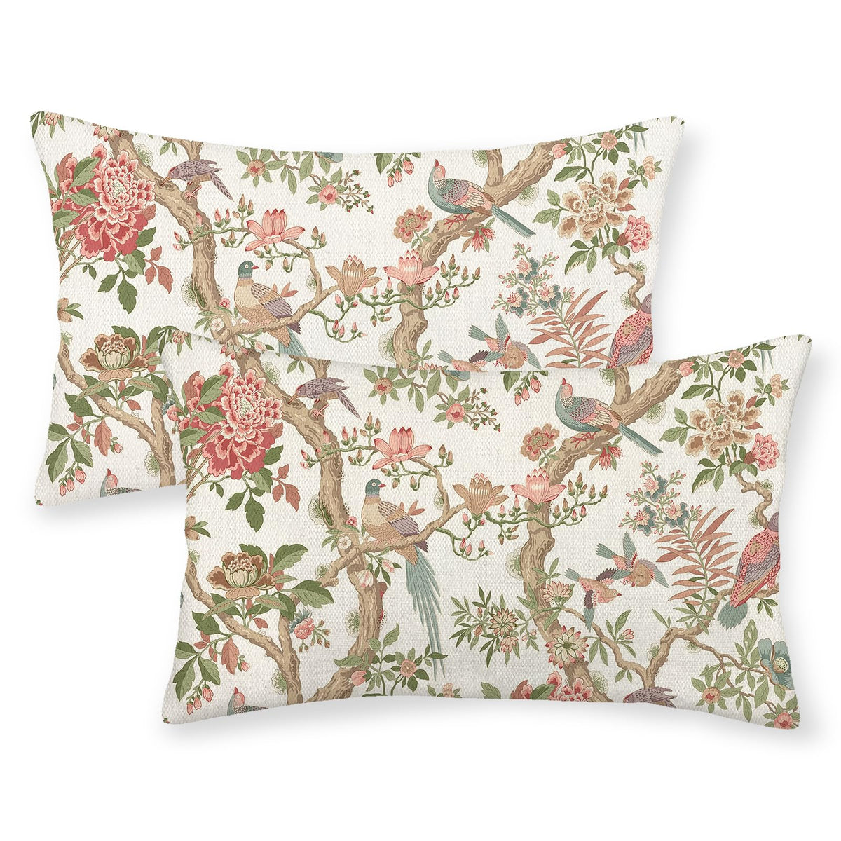 Chinoiserie Pillow Covers 18x18 Set of 2 Blue Green Bird Floral Throw Pillows Vintage Blue Flowers Decorations Outdoor Pillowcase Chinoiserie Decor Farmhouse Linen Cushion Case for Couch Home
