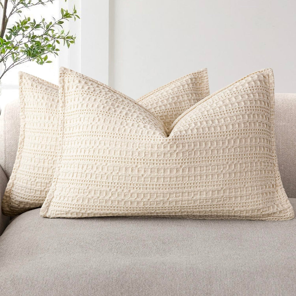 Foindtower Set of 2 Decorative Cotton Waffle Weave Textured Throw Pillow Covers Euro Sham Cushion Covers Accent European Pillowcase For Bed Couch Sofa Bedroom Living Room Home Decor 18×18 Inch Oatmeal