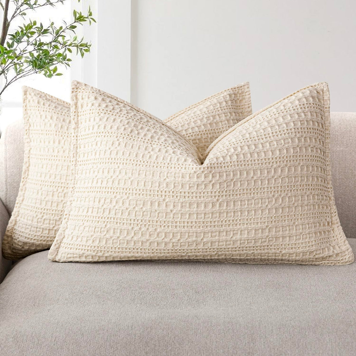Foindtower Set of 2 Decorative Cotton Waffle Weave Textured Throw Pillow Covers Euro Sham Cushion Covers Accent European Pillowcase For Bed Couch Sofa Bedroom Living Room Home Decor 18×18 Inch Oatmeal